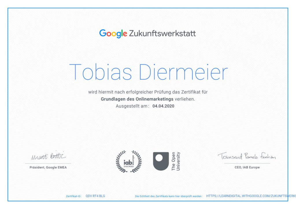 Google Zertifikat von Tobias Diermeier