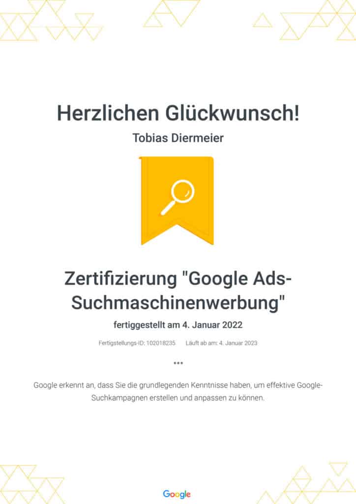 Google Ads Zertifikat Tobias Diermeier